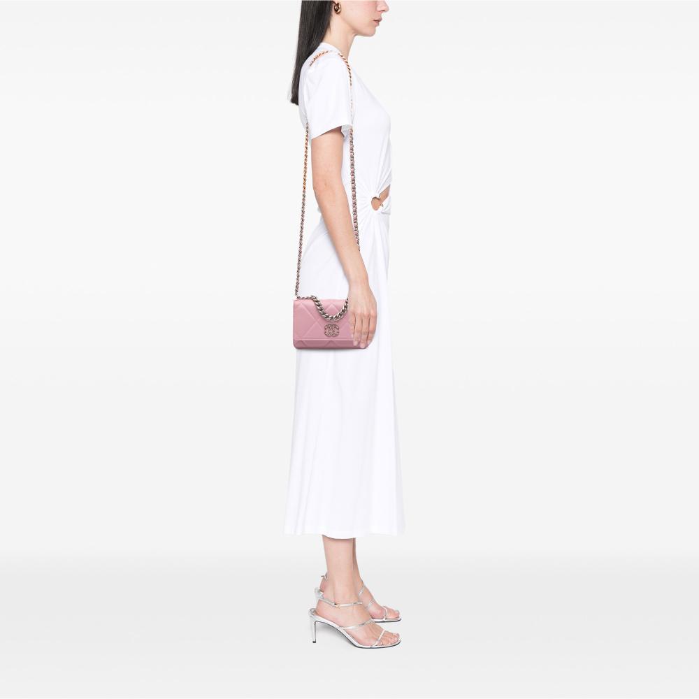 Chanel AB Chanel Pink Light Pink Lambskin Leather Leather Quilted Lambskin 19 Wallet on Chain Italy