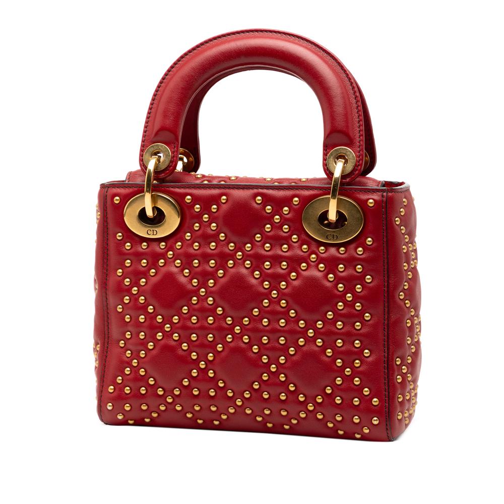 Christian Dior B Dior Red Lambskin Leather Leather Mini Lambskin Cannage Studded Supple Lady Dior Italy