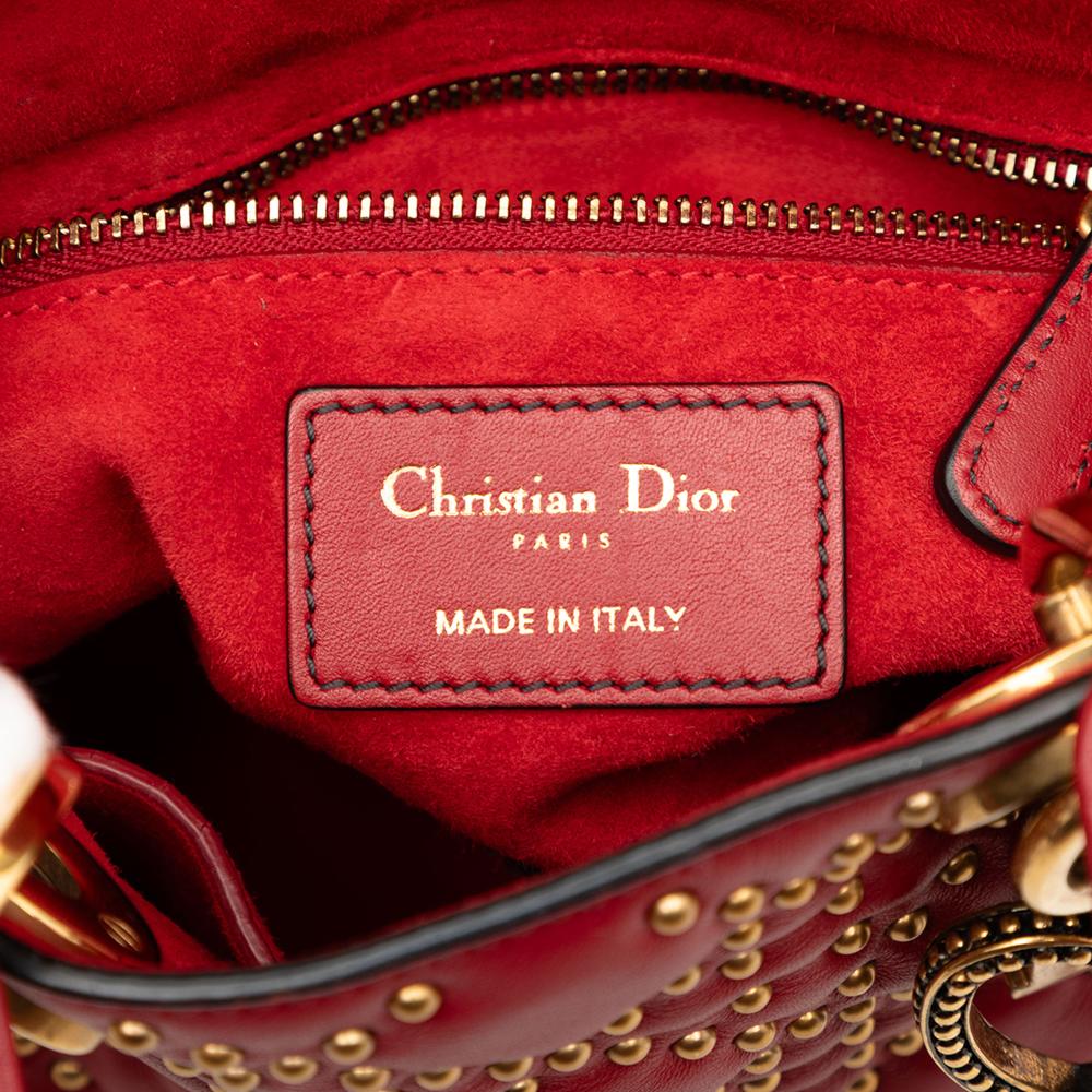Christian Dior B Dior Red Lambskin Leather Leather Mini Lambskin Cannage Studded Supple Lady Dior Italy