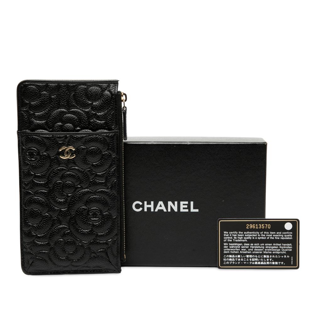 Chanel Black Caviar Leather Leather CC Embossed Caviar Camellia Flat Phone Case Wallet Pouch Italy