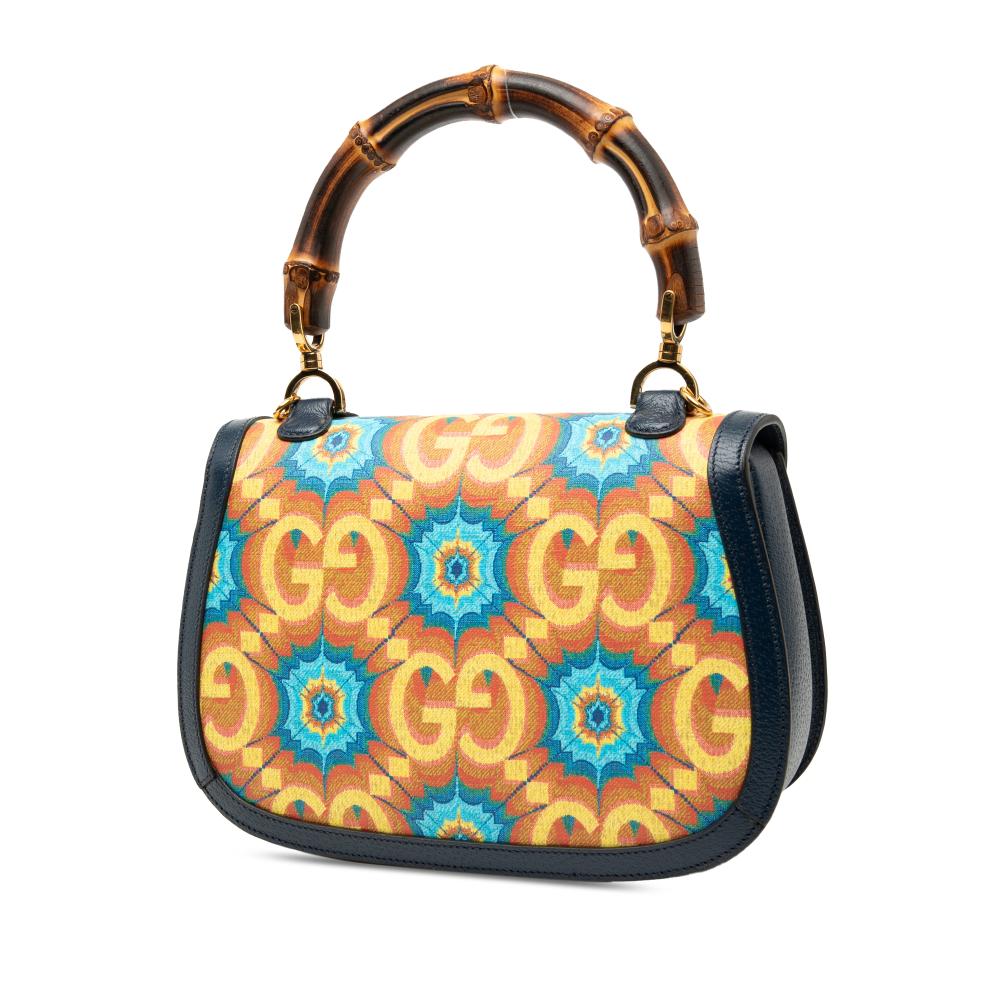 Gucci Blue 100th Anniversary Medium GG Coated Canvas Kaleidoscope 1947 Bamboo Top Handle Bag Italy