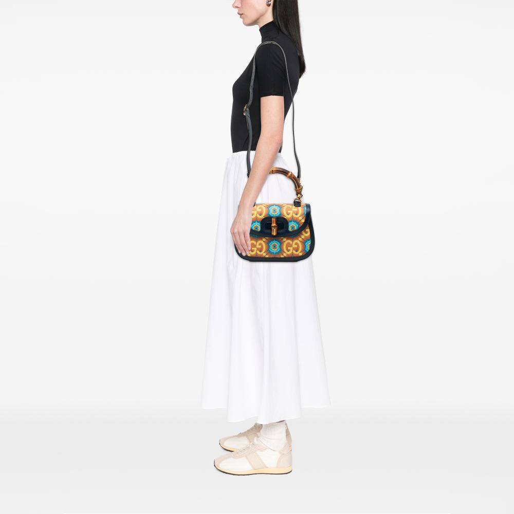 Gucci Blue 100th Anniversary Medium GG Coated Canvas Kaleidoscope 1947 Bamboo Top Handle Bag Italy