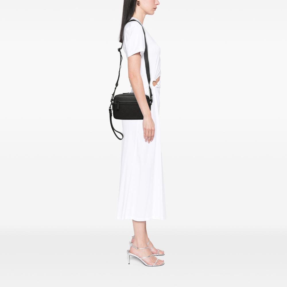 Gucci B Gucci Black Calf Leather GG Rubber Effect Crossbody Italy