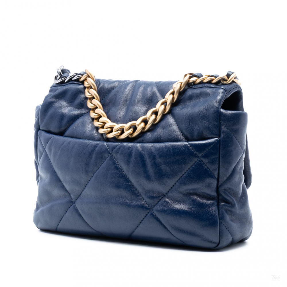 Chanel 19 Medium Lambskin Leather Matelassè Flap Handbag Blue