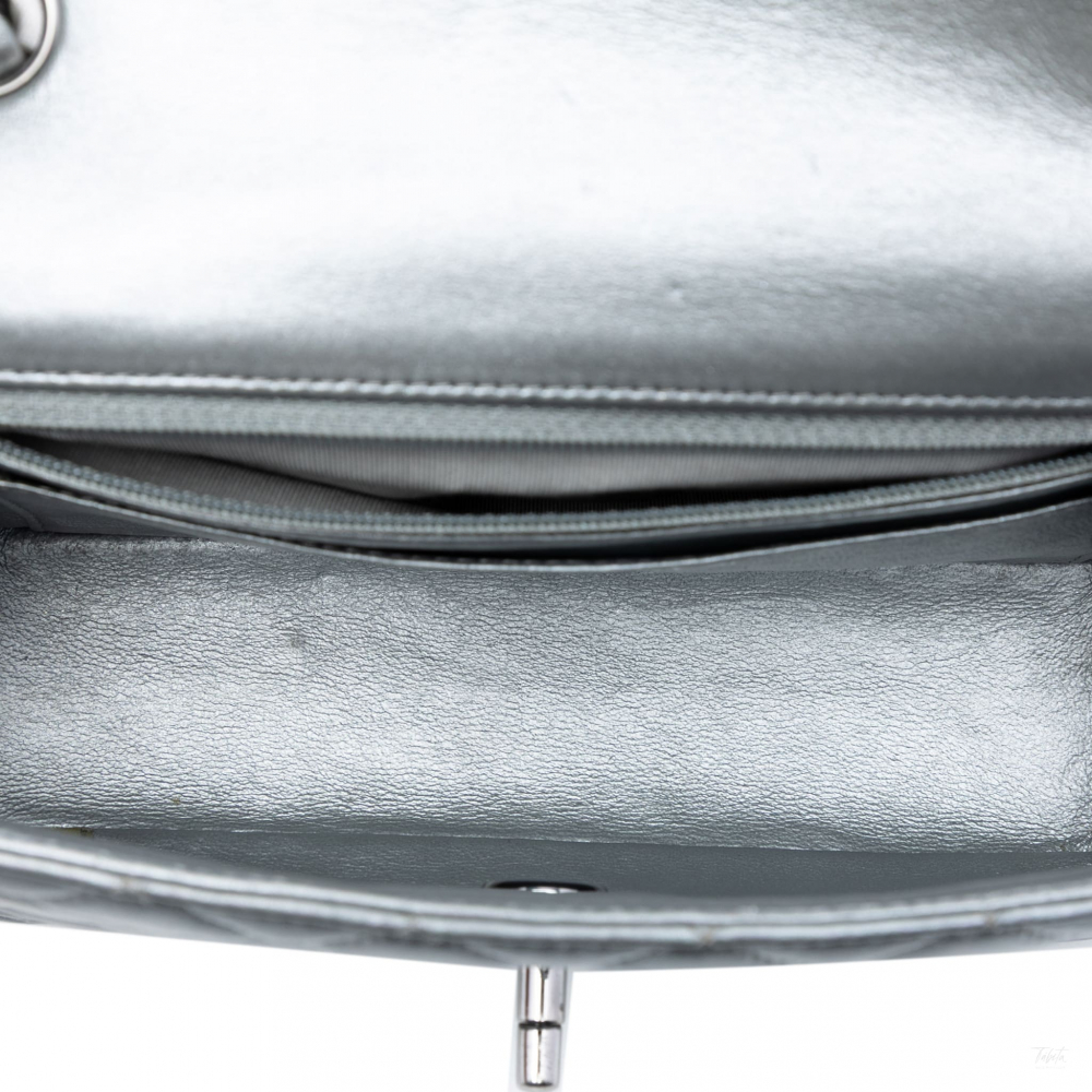 Chanel Classic Single Flap Mini Lambskin Leather Matelassè Shoulder Bag Metallic Silver