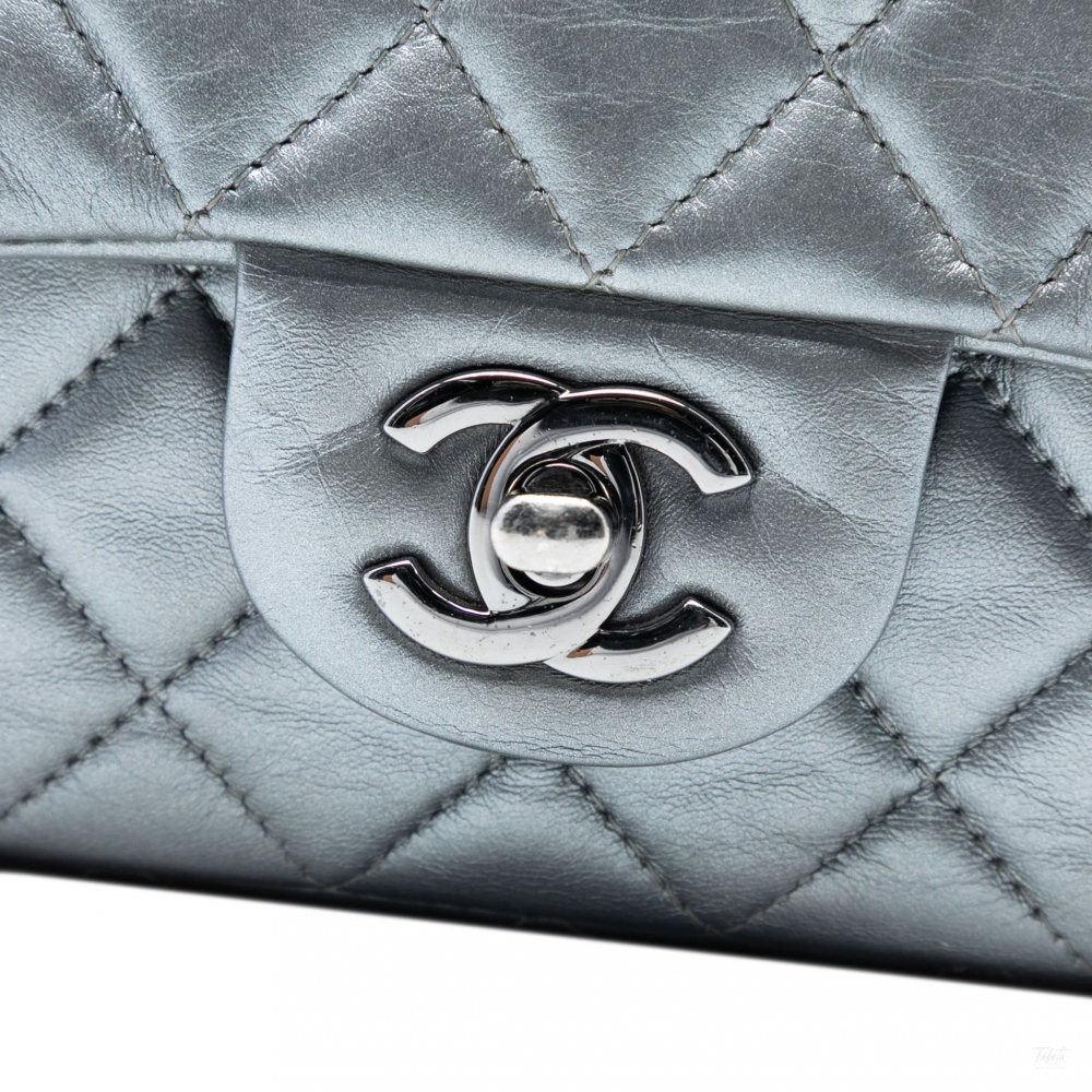 Chanel Classic Single Flap Mini Lambskin Leather Matelassè Shoulder Bag Metallic Silver