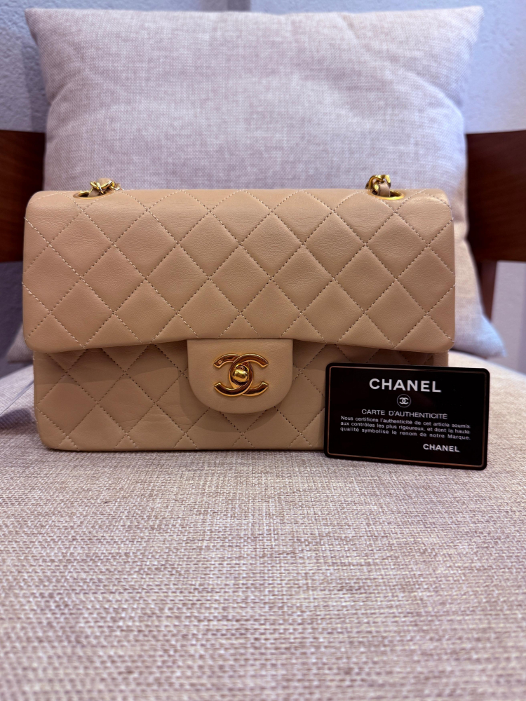 Chanel Classic Double Flap Small in Beige Lambskin 24K Gold Hardware