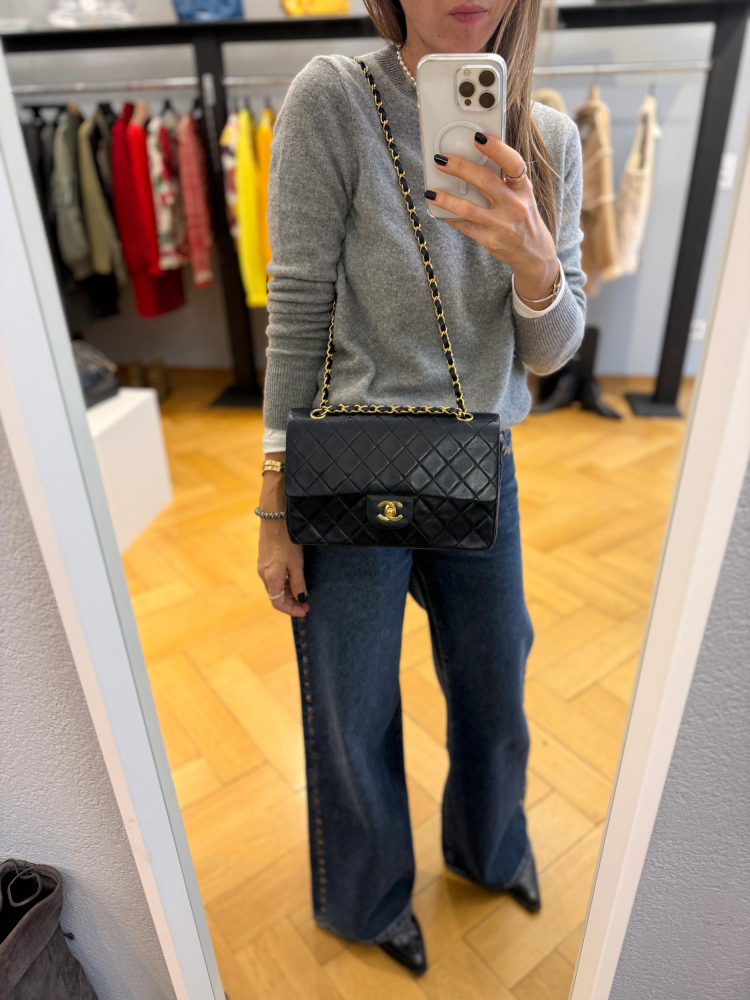 Chanel Classic Double Flap Medium Navy Lambskin 24K Gold Hardware