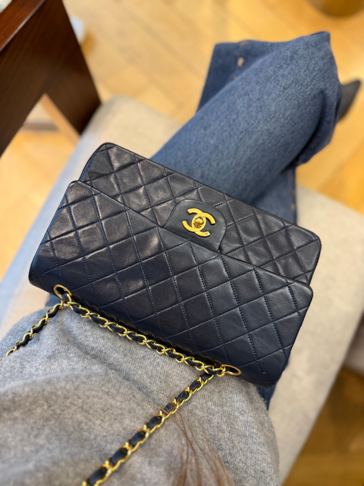 Chanel Classic Double Flap Medium Navy Lambskin 24K Gold Hardware
