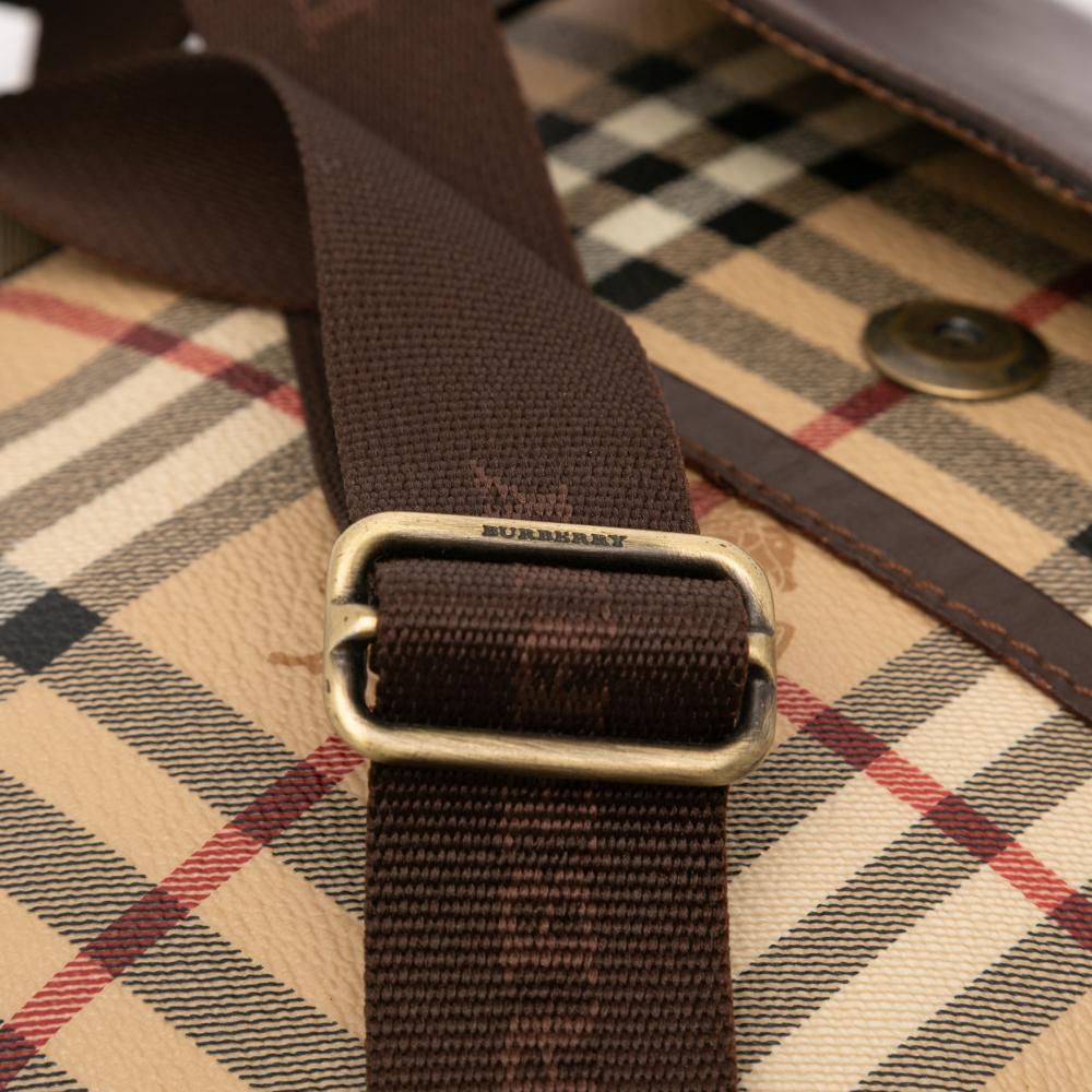 Burberry B Burberry Brown Beige Coated Canvas Fabric Haymarket Check Flap Crossbody Italy