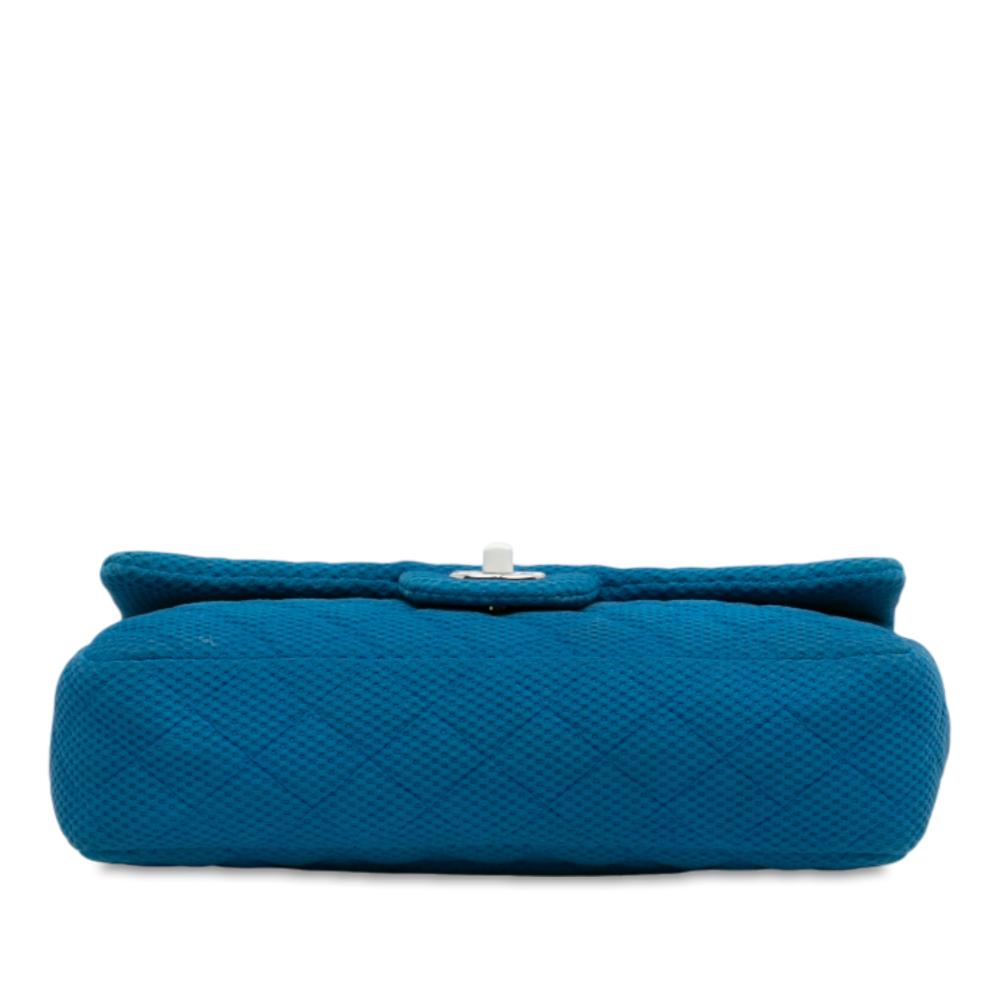 Chanel B Chanel Blue with Yellow Cotton Fabric Medium Quilted Perforated Jersey Single Flap Italy