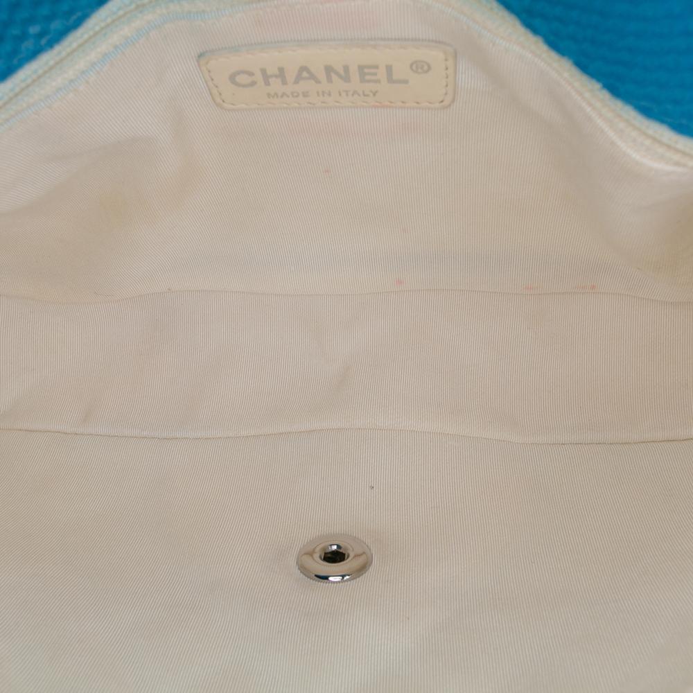 Chanel B Chanel Blue with Yellow Cotton Fabric Medium Quilted Perforated Jersey Single Flap Italy