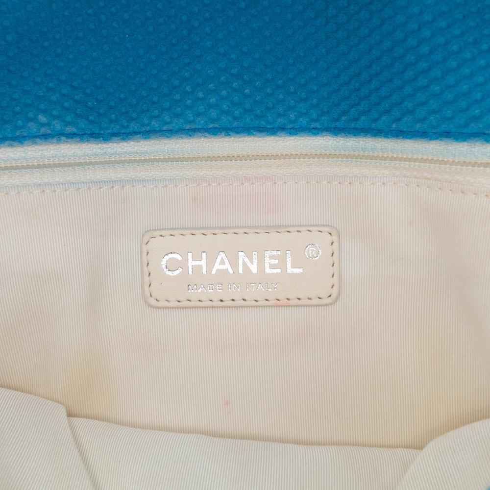 Chanel B Chanel Blue with Yellow Cotton Fabric Medium Quilted Perforated Jersey Single Flap Italy