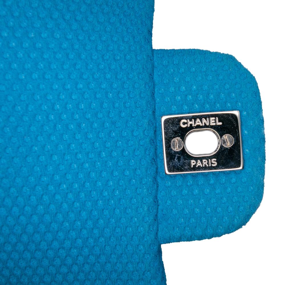 Chanel B Chanel Blue with Yellow Cotton Fabric Medium Quilted Perforated Jersey Single Flap Italy