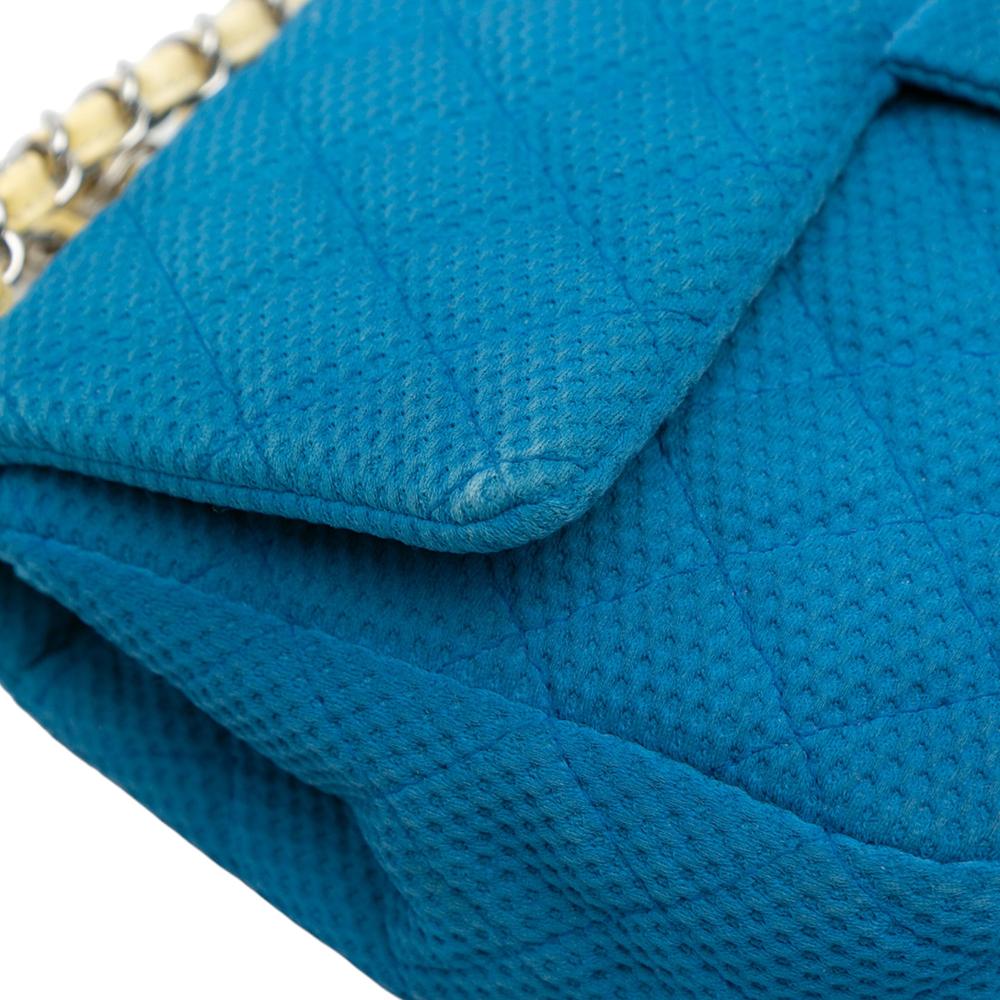 Chanel B Chanel Blue with Yellow Cotton Fabric Medium Quilted Perforated Jersey Single Flap Italy