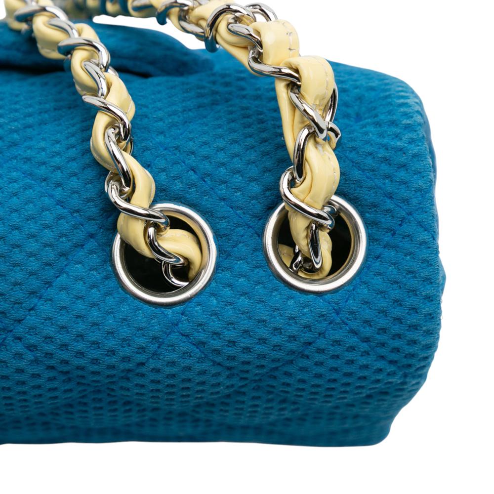 Chanel B Chanel Blue with Yellow Cotton Fabric Medium Quilted Perforated Jersey Single Flap Italy