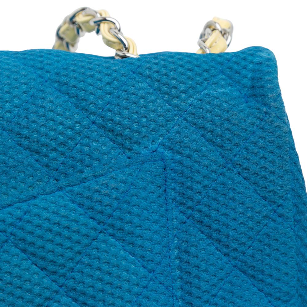 Chanel B Chanel Blue with Yellow Cotton Fabric Medium Quilted Perforated Jersey Single Flap Italy