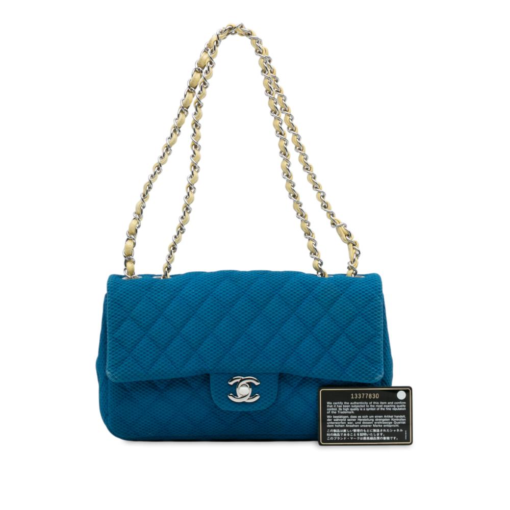 Chanel B Chanel Blue with Yellow Cotton Fabric Medium Quilted Perforated Jersey Single Flap Italy
