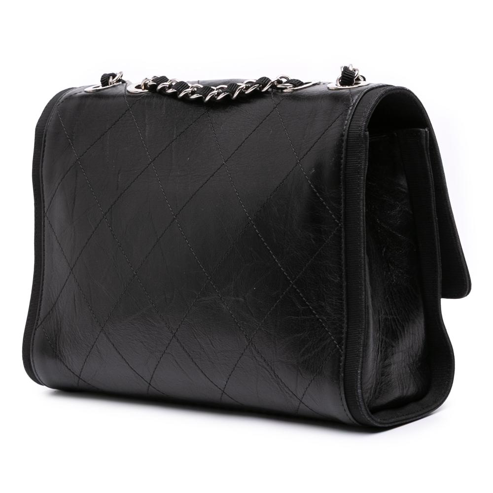 Chanel B Chanel Black Calf Leather CC Quilted Crumpled skin and Grosgrain Flap Italy