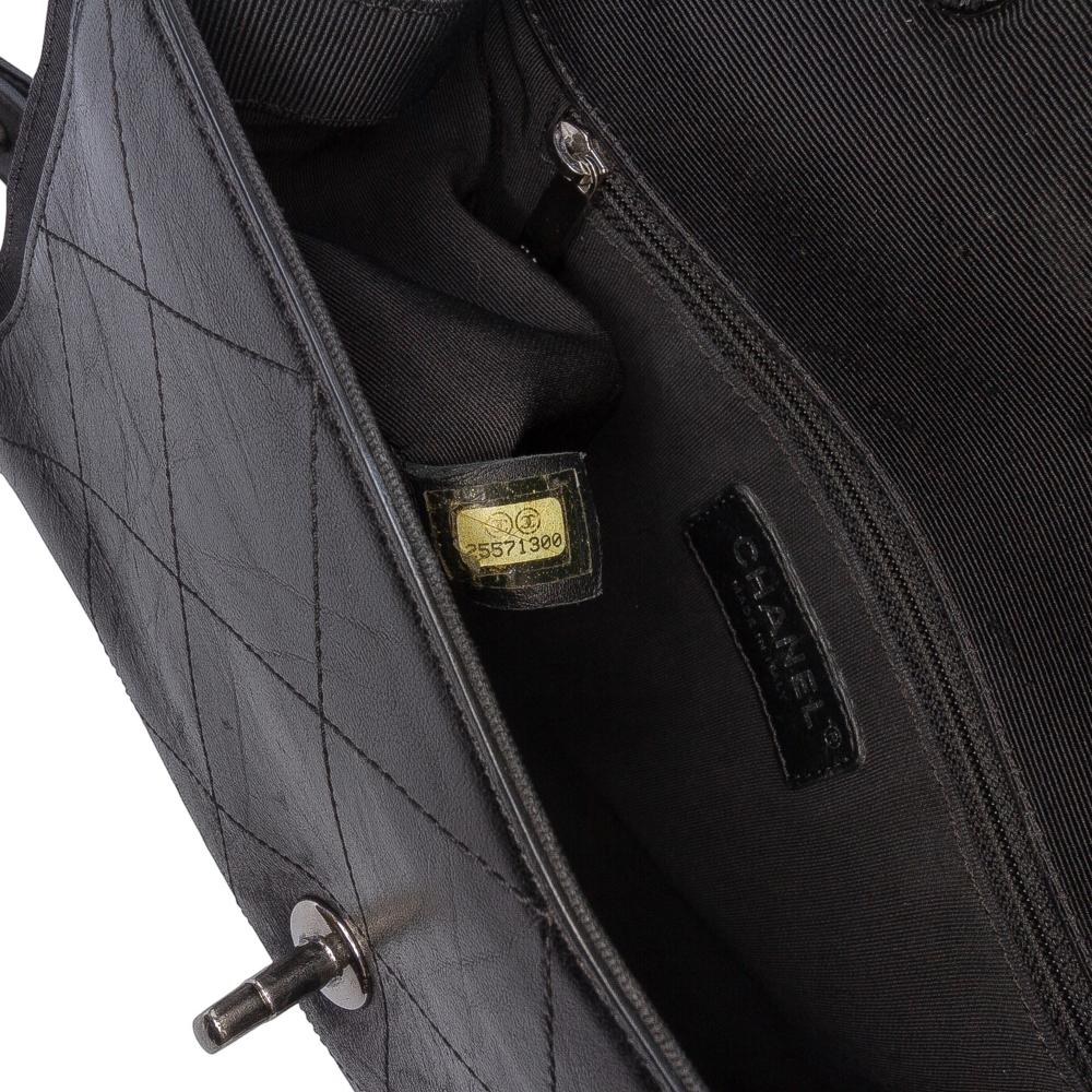 Chanel B Chanel Black Calf Leather CC Quilted Crumpled skin and Grosgrain Flap Italy