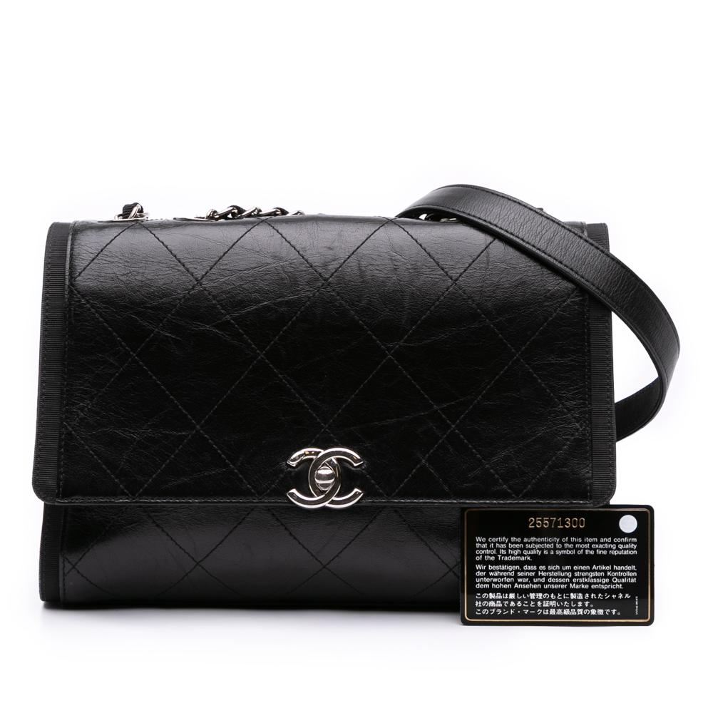 Chanel B Chanel Black Calf Leather CC Quilted Crumpled skin and Grosgrain Flap Italy
