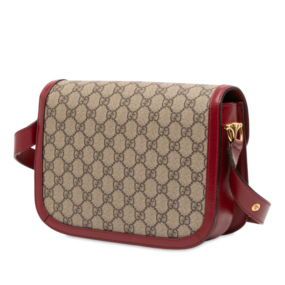 Gucci B Gucci Brown Beige with Red Coated Canvas Fabric Medium GG Supreme Horsebit 1955 Shoulder Bag Italy