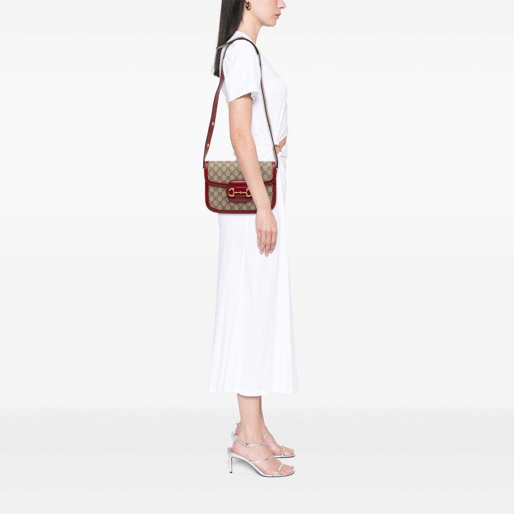Gucci B Gucci Brown Beige with Red Coated Canvas Fabric Medium GG Supreme Horsebit 1955 Shoulder Bag Italy