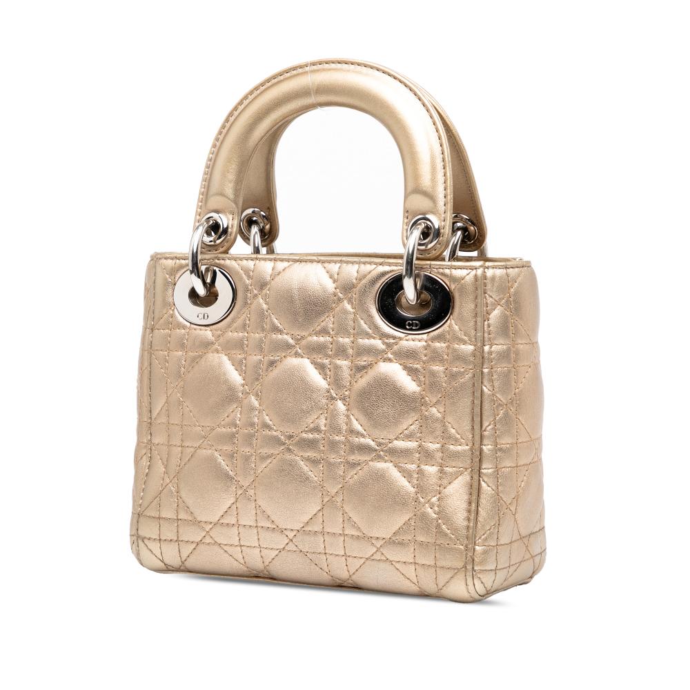 Christian Dior B Dior Gold Light Gold Lambskin Leather Leather Mini Metallic Lambskin Cannage Lady Dior Italy