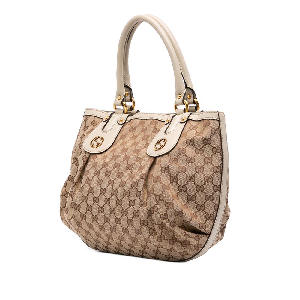 Gucci B Gucci Brown Beige with White Canvas Fabric GG Scarlett Tote Italy