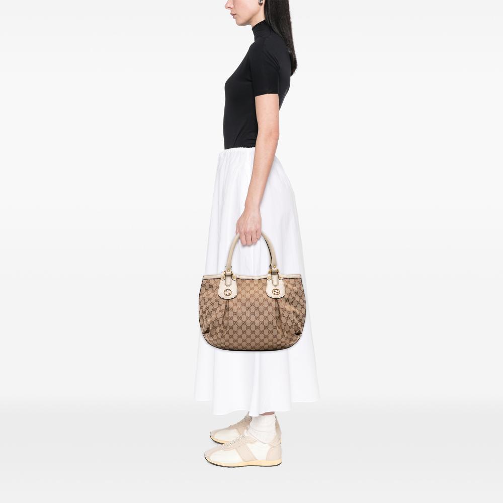 Gucci B Gucci Brown Beige with White Canvas Fabric GG Scarlett Tote Italy