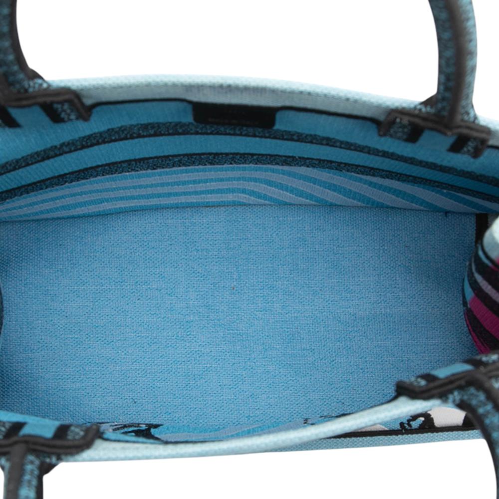 Christian Dior B Dior Blue Light Blue Canvas Fabric Medium Embroidered Zebra D Jungle Pop Book Tote Italy