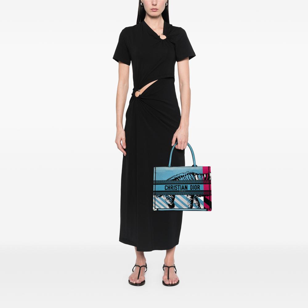 Christian Dior B Dior Blue Light Blue Canvas Fabric Medium Embroidered Zebra D Jungle Pop Book Tote Italy