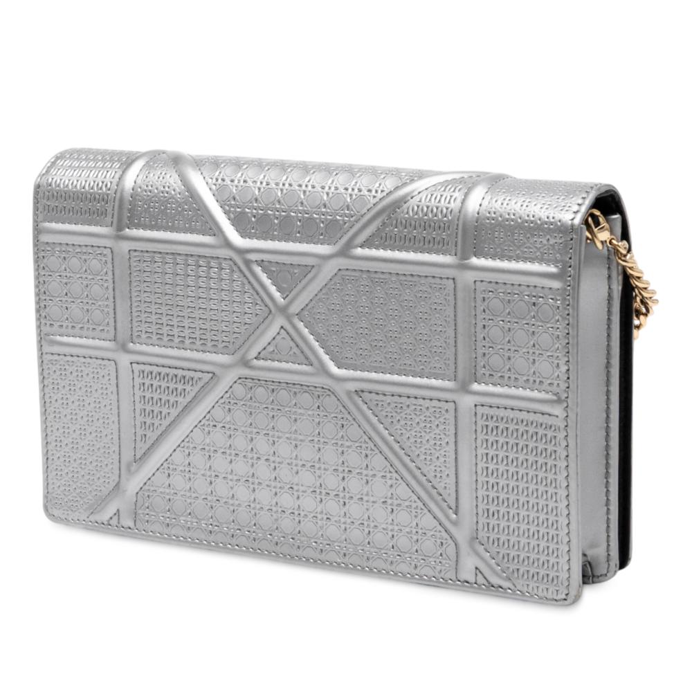 Christian Dior B Dior Silver Patent Leather Leather Metallic Patent Microcannage Diorama Wallet on Chain Italy