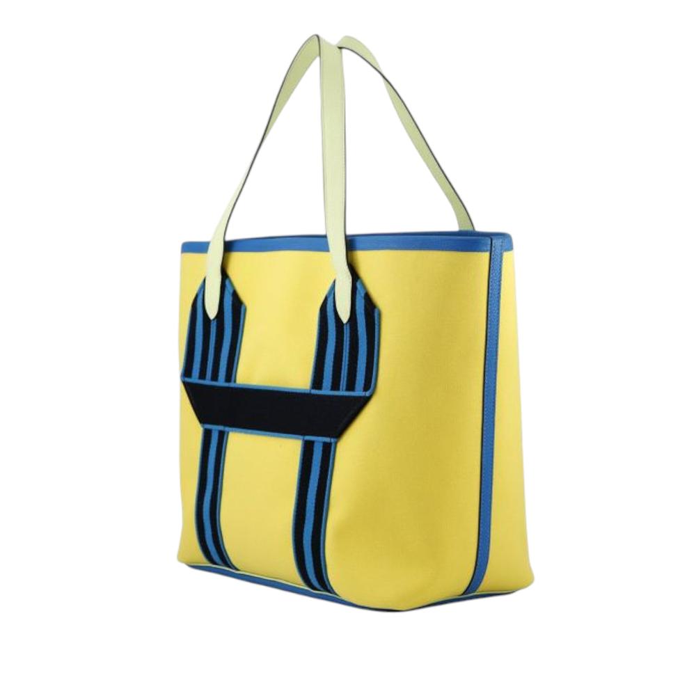 Hermès AB Hermès Yellow with Blue Canvas Fabric Toile and Clemence Pursangle Tote France