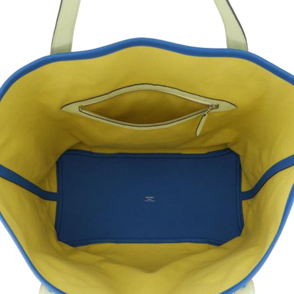 Hermès AB Hermès Yellow with Blue Canvas Fabric Toile and Clemence Pursangle Tote France