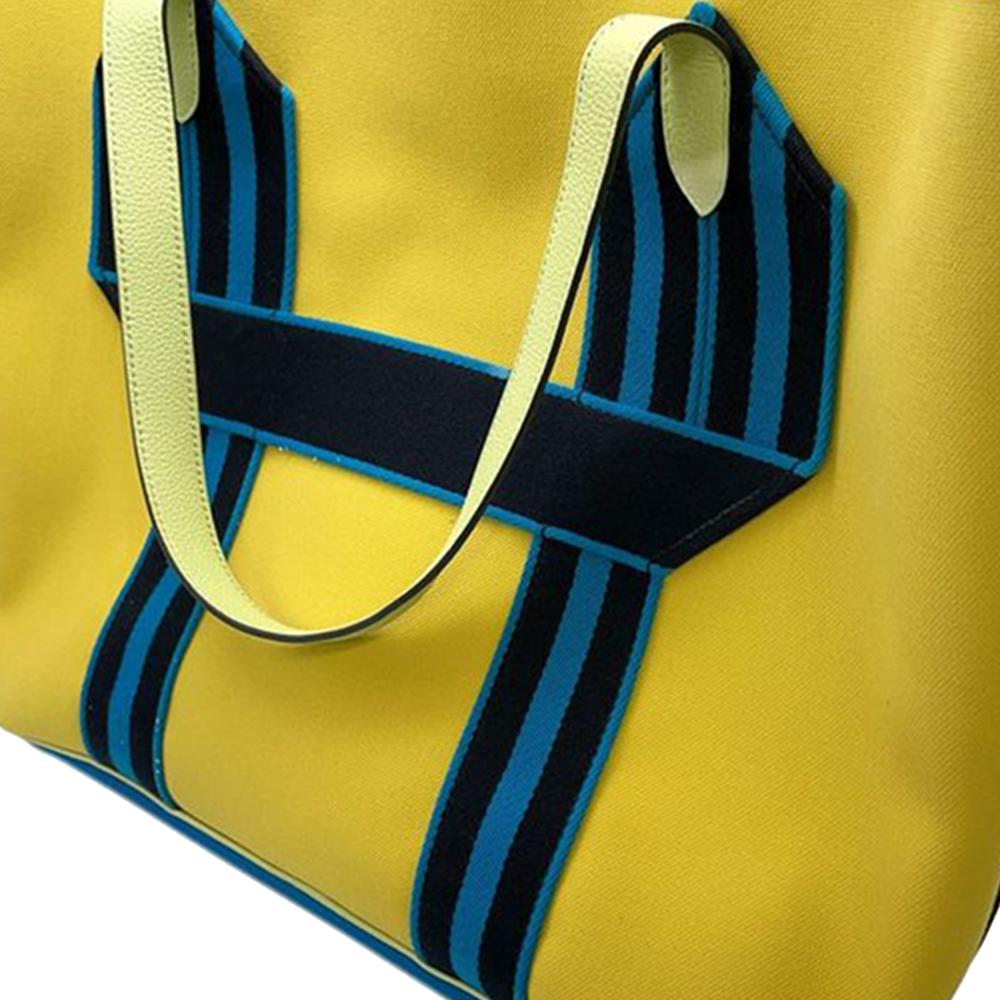 Hermès AB Hermès Yellow with Blue Canvas Fabric Toile and Clemence Pursangle Tote France