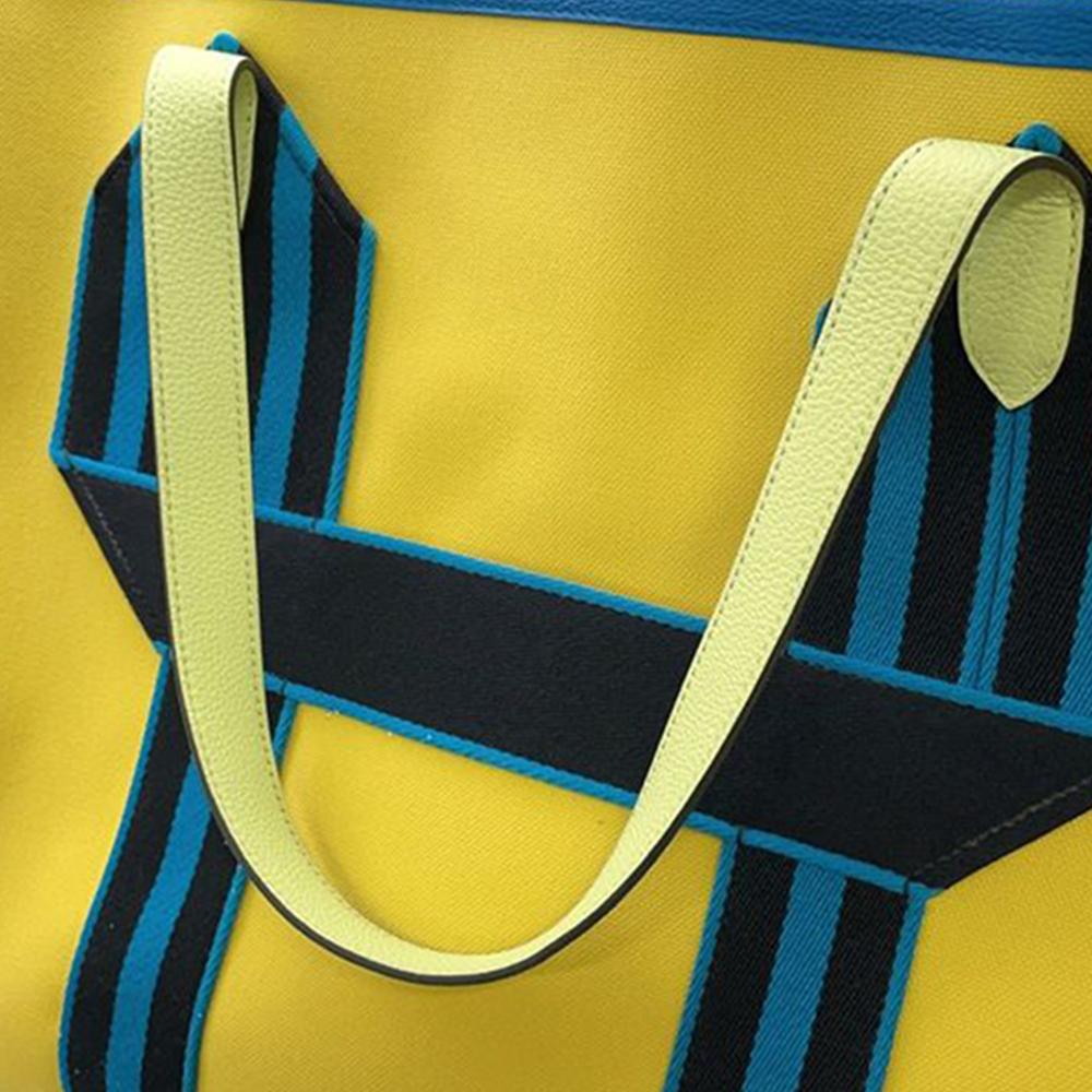 Hermès AB Hermès Yellow with Blue Canvas Fabric Toile and Clemence Pursangle Tote France