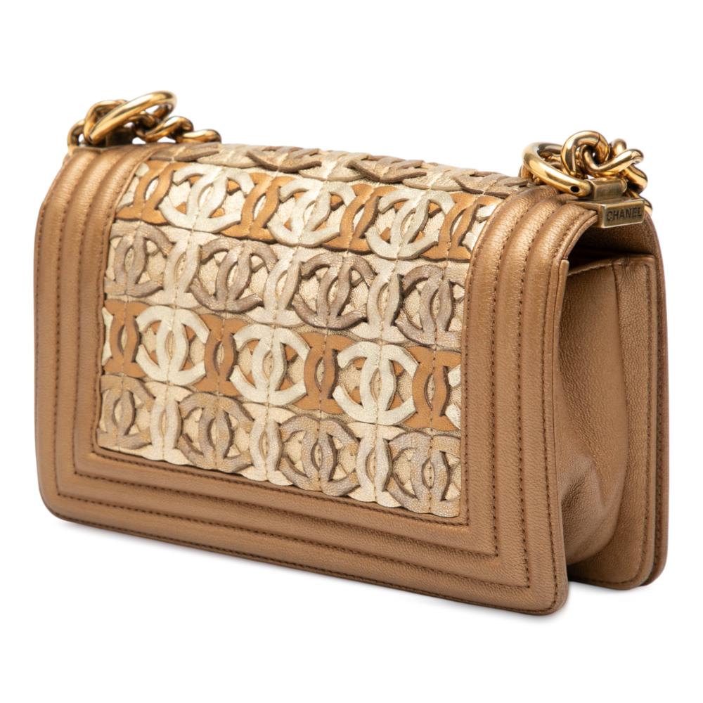 Chanel Brown Small Quilted Metallic Lambskin Interwoven CC Boy Flap Italy