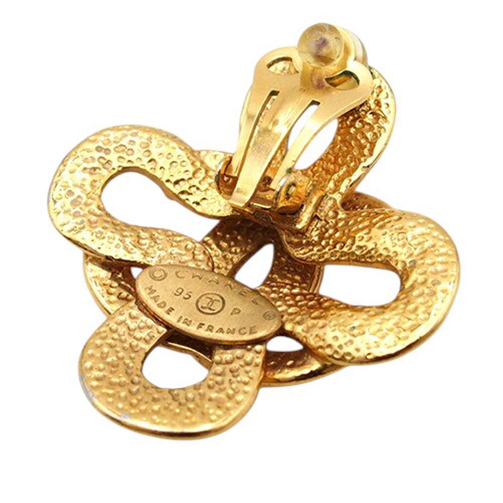Chanel B Chanel Gold Gold Plated Metal CC Clover Clip On Earrings France