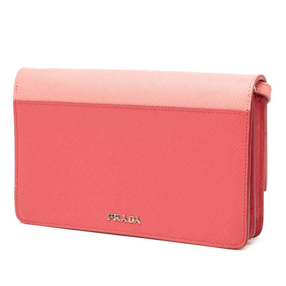 Prada B Prada Pink Salmon Saffiano Leather Turn Lock Wallet on Strap Italy