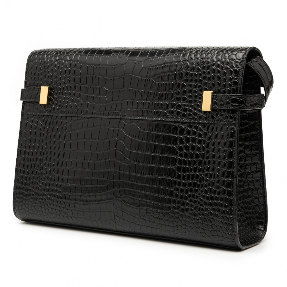Saint Laurent Paris Manhattan Leather Crocodile-Embossed Flap Clutch Black