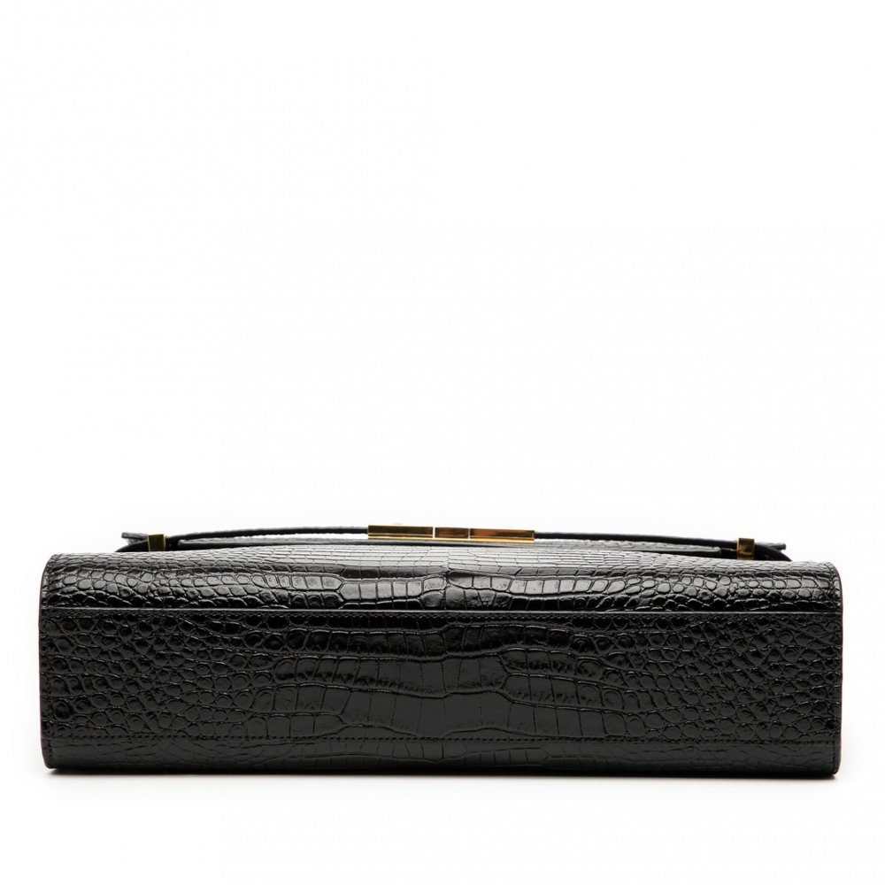 Saint Laurent Paris Manhattan Leather Crocodile-Embossed Flap Clutch Black