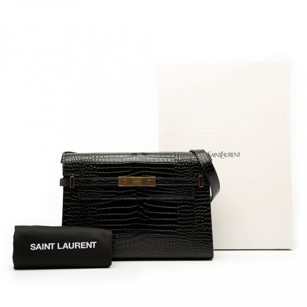 Saint Laurent Paris Manhattan Leather Crocodile-Embossed Flap Clutch Black