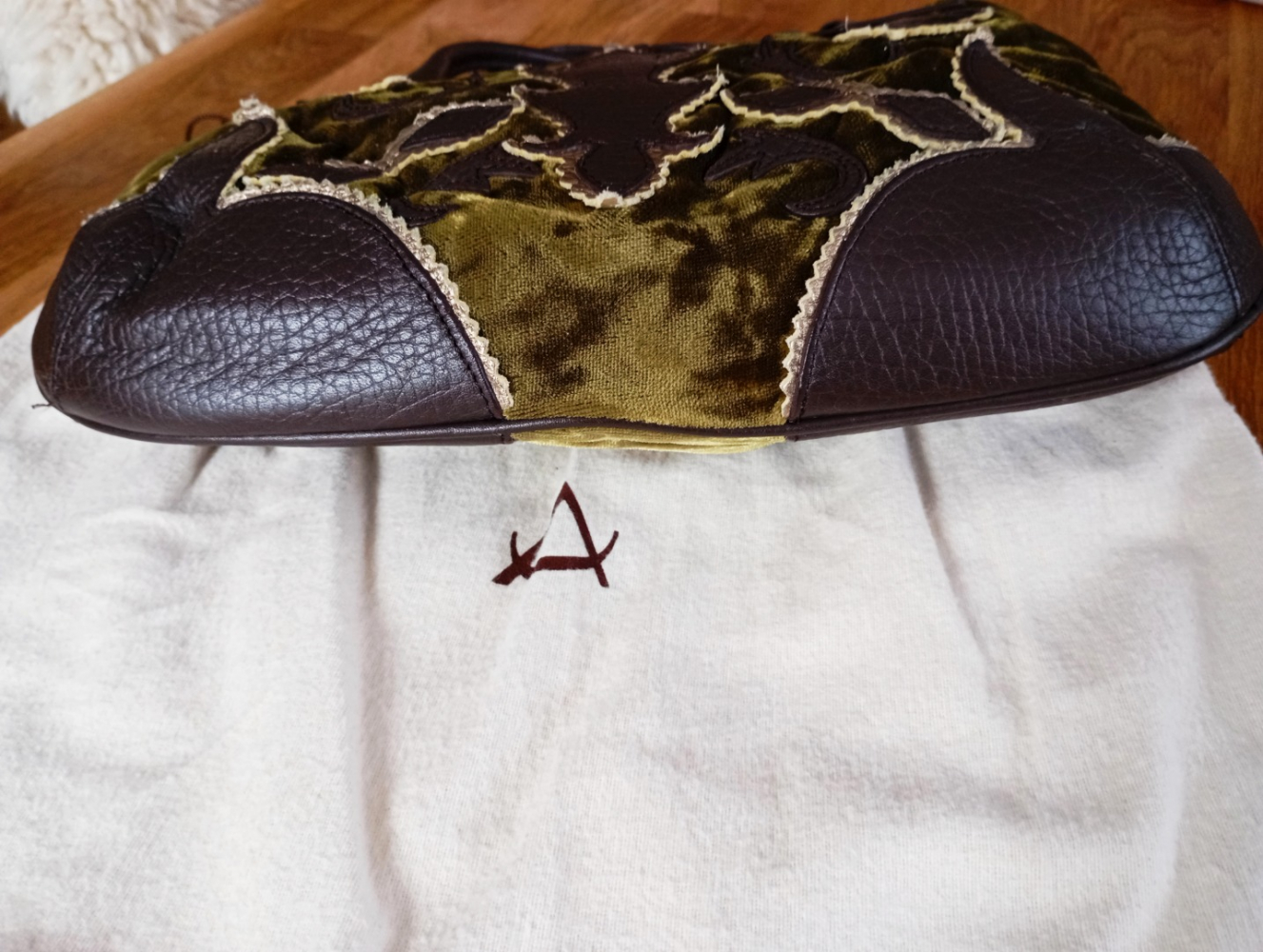 DKNY Leather and Green Velvet Handbag