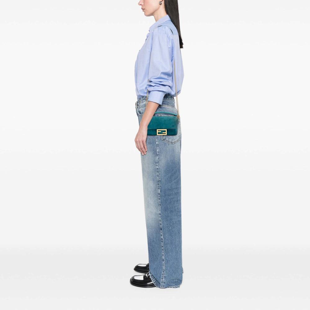 Fendi B Fendi Blue Peacock Suede Leather Mini Baguette Satchel Italy