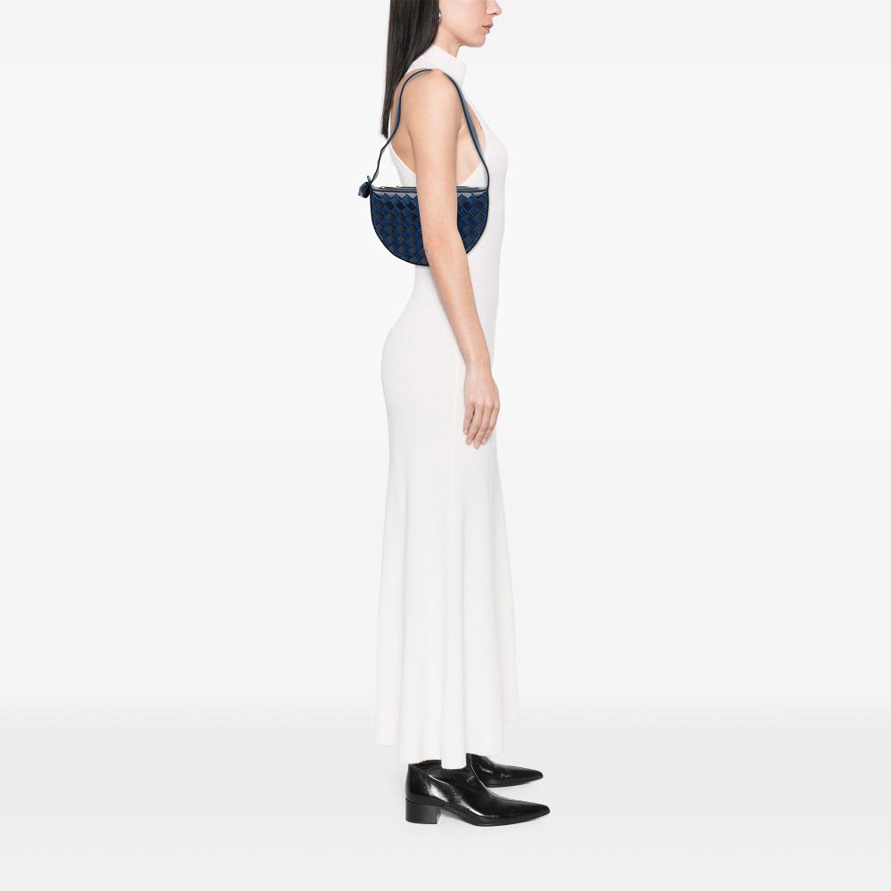 Bottega Veneta AB Bottega Veneta Blue Navy Calf Leather Mini and Denim Intrecciato Sunrise Hobo Italy