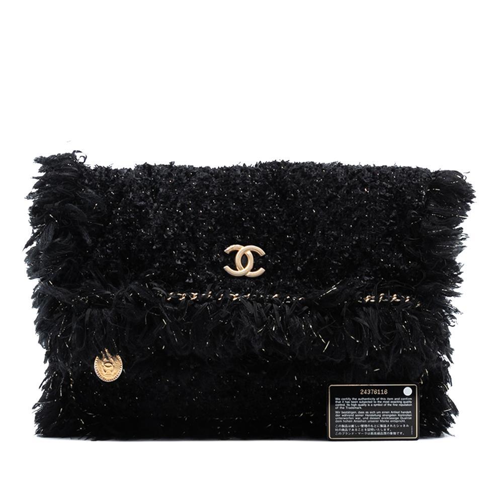 Chanel AB Chanel Black Tweed Fabric Paris Cosmopolite Fringe Clutch Italy