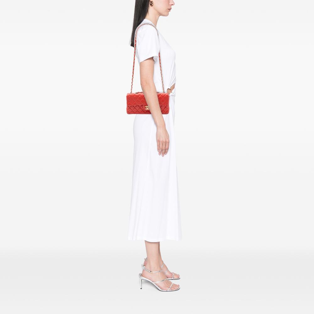 Chanel B Chanel Red Lambskin Leather Leather Classic Lambskin East West Single Flap Italy