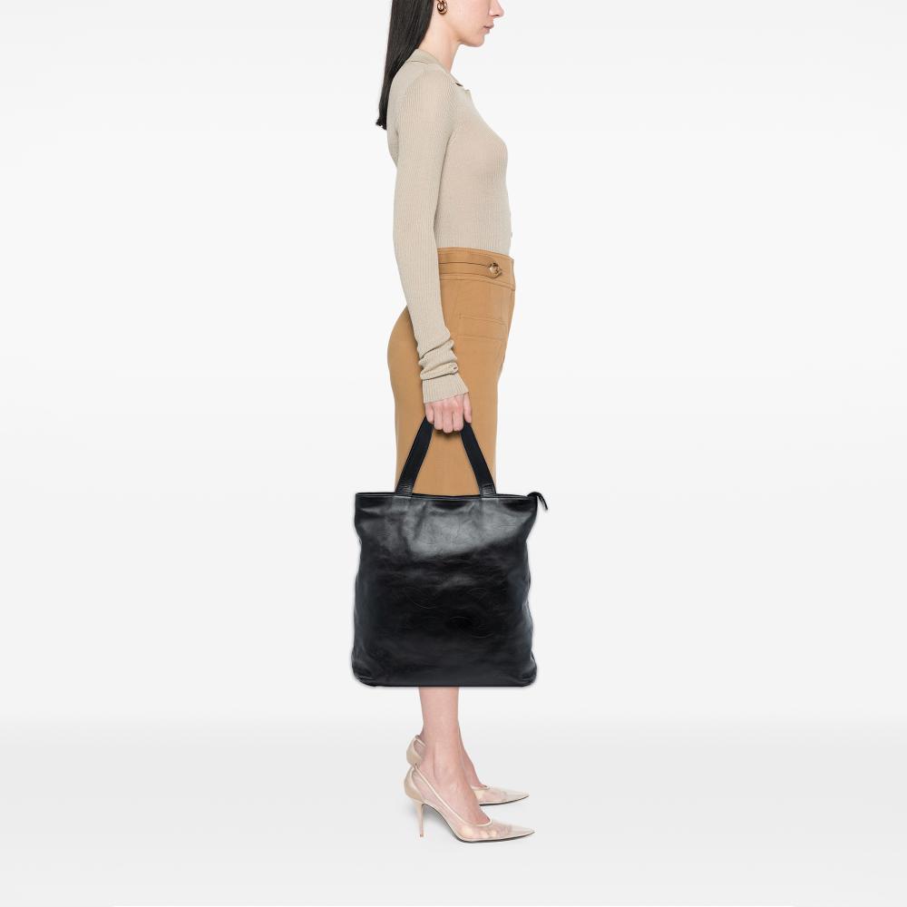 Chanel B Chanel Black Calf Leather CC Embossed Tote Italy