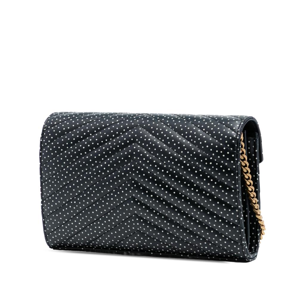 Saint Laurent Black Calf Leather Quilted Chevron skin Polka Dot Monogram Envelope Chain Wallet Italy